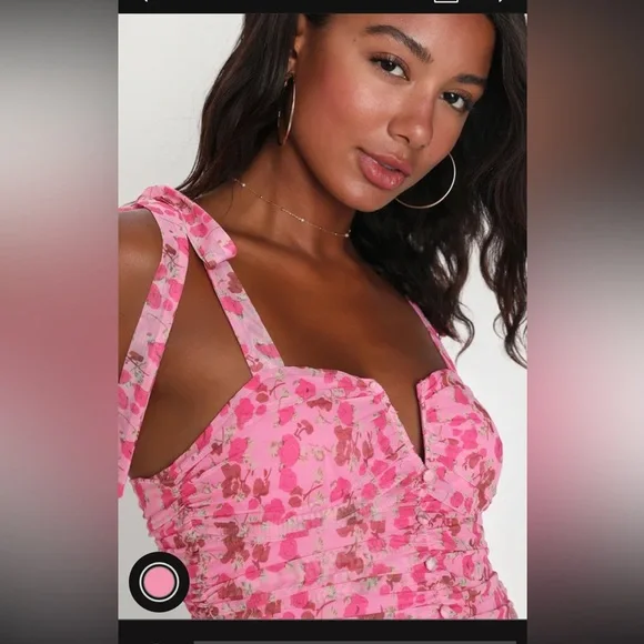 Lulus Flirtatious Sweetness Pink Floral Ruched Mesh Tie-strap Top - Size M - Picture 4 of 4